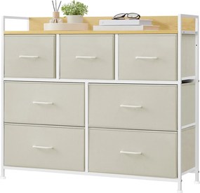 Cómoda de 7 gavetas 28,6 x 98,1 x 85,1 cm, frentes das gavetas em tecido com puxadores  creme-bege