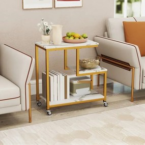Mesa lateral sala, quarto de 3 níveis com prateleiras abertas e rodas bloqueáveis para sala de estar 59 x 30 x 61 cm Branco e Dourada