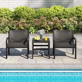 Conjunto de móveis de jardim de 3 peças com 2 cadeiras de rattan e mesa auxiliar de rattan PP preto