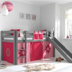 Conjunto Cama alta de Criança PINO 90 x 200 cm + estrado + escada + escorrega + cortina Flores Cinzenta
