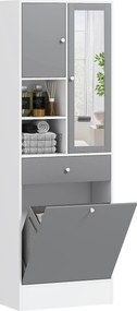 Móvel de casa de banho 62 x 28,3 x 181 cm com cesto para roupa suja e espelho com prateleira ajustável, cinzento e branco