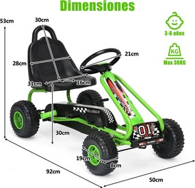Kart infantil a pedais com 4 rodas, assento ajustável, travão de mão e rodas antiderrapantes para uso exterior, meninos e meninas, verde