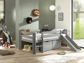 Conjunto Cama alta de Criança PINO 90 x 200 cm + estrado + escada + escorrega + conjunto de 2 gavetas Cinzenta