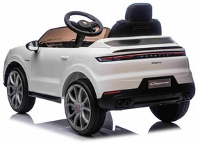 Carro elétrico para crianças Porsche Cayenne 12V com tração traseira – Licença oficial, bateria de lítio, comando remoto 2,4 GHz, leitor MP3, luzes LE