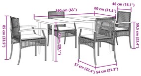 5 pcs conjunto de jantar p/ jardim com almofadões vime PE bege