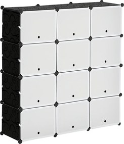 HOMCOM Armário Modular de Plástico Armário com 12 Cubos Organizadores de Sapatos Roupas Brinquedos 125x32x125cm Branco e Preto | Aosom Portugal