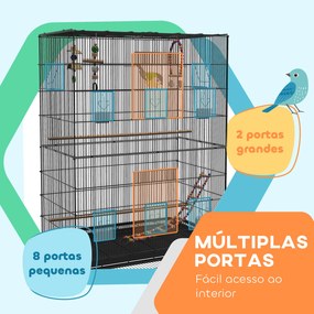 Gaiola para Pássaros com Rodas Comedouros Poleiros Prateleira Inferior Bandeja Removível 97x58x160 cm Preto