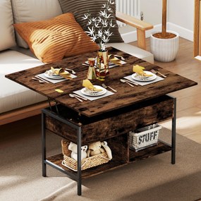 Mesa de centro elevável e extensível, com compartimento oculto e prateleiras abertas, 98 x 49 x 55 cm, castanho rústico