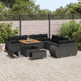 Conjunto de Sofá de Jardim vidaXL de 13 Peças com Almofadas Preto Rattan Sintético Acácio