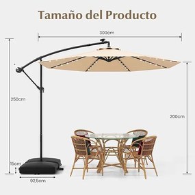 Guarda-sol de jardim Ø 3 m com 40 luzes LED solares, inclinável com manivela, com base saco de areia, proteção UV impermeável, bege