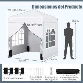Tenda dobrável 194 x 194 cm, com 4 paredes laterais, 3 alturas ajustáveis, e 4 sacos de areia, 8 estacas, branca
