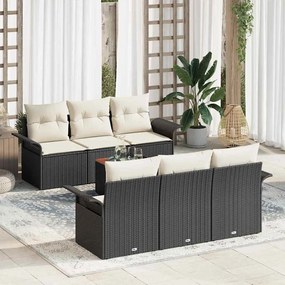 vidaXL Conjunto de Sofá de Jardim 7 Peças com Almofadas Preto Rattan Poli Acácio