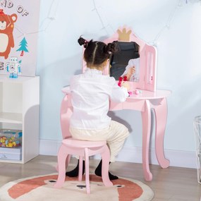 Toucador Infantil de Madeira com Banco e Espelho Dobrável Mesa de Maquilhagem para Crianças de 3-6 Anos com Gaveta Estilo Princesa 79x48x103cm Rosa