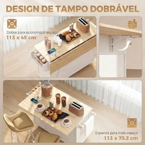 Ilha de Cozinha 134,5x75,2x90,5 cm com Tampo Extensível Estação de Carregamento Rodas 2 Portas 3 Gavetas Suporte para Especiarias e Barra para Toalhas