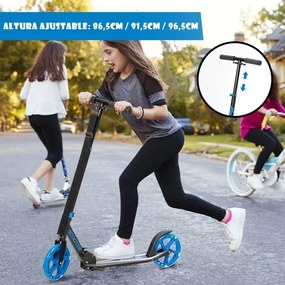 Trotinete crianças com plataforma de alumínio Guiador ajustável em 3 posições e correia para crianças com mais de 10 anos até 100 kg Azul