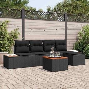 Conjunto de Sofá de Jardim de 6 Peças com Almofadas Pretas de Rattan de Polietileno e Acácia