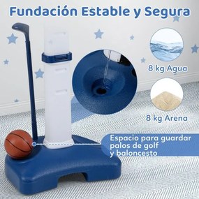 Cesto de basquetebol 4 em 1 para crianças ajustável com conjunto de aros bola adesiva branca e azul