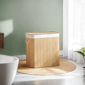 Cesto de roupa suja com 2 compartimentos, 100 L com tampa, em bambu 52 x 32 x 61 cm cor natural