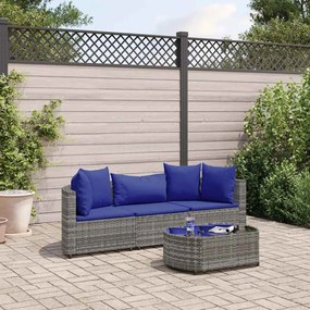 4 pcs conjunto sofás de jardim c/ almofadões vime PE cinzento