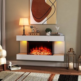 Lareira elétrica de parede 82 x 20,6 x 41,8 cm de 32″ com prateleira flutuante, luzes LED com 12 cores de chama e proteção contra sobreaquecimento, co