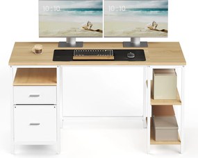 Secretária com 3 prateleiras e 2 gavetas 140 x 60 x 76 cm em cor de carvalho natural-branco