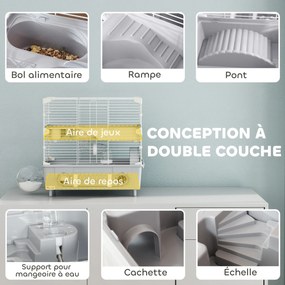 Gaiola para hamster de 2 andares com roda de corrida e banheira de areia para hamster anão 44,5 x 28 x 44 cm cinzenta