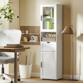 Coluna Casa de Banho ou armário de cozinha 40x30x165 cm com Porta de Vidro Prateleiras Ajustáveis Gaveta e Prateleira Aberta Branco