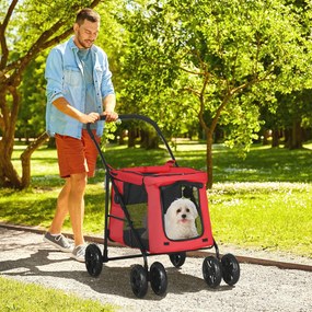 Carrinho de bebé dobrável 102 x 62 x 105 cm com motivos de animais (cão e gato), almofada incluída, rodas com travão, tecido Oxford 600D,  vermelho