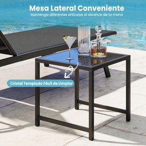 Conjunto de 2 Peças, Tumbona e Mesa Auxiliar de Exterior, 188-164 x 69 x 36-101 cm, Encosto Ajustável em 5 Posições, Preto