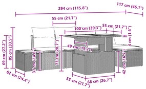 Conjunto de Jantar Jardim de 6 Peças com Almofadas em Rattan Preto e A