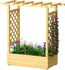 Floreira elevada com treliça lateral e superior, vaso com orifícios de drenagem, 110 x 44 x 113 cm, madeira natural