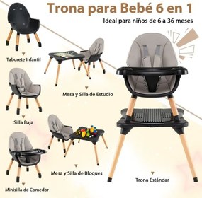 Cadeira refeição alta para bebés e crianças pequenas, conversível 6 em 1 tabuleiro removível cinza e preto