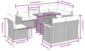 9 pcs conjunto sofás p/ jardim com almofadões vime PE cinzento