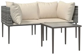 3 pcs conjunto lounge de jardim c/ almofadões vime PE cinzento