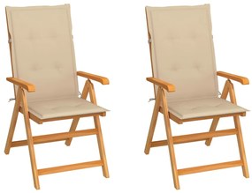 vidaXL Cadeiras de jardim c/ almofadões beges 2 pcs teca maciça