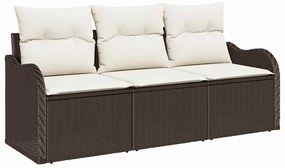 Conjunto de Sofá de Jardim de 3 Peças com Almofadas Marrom Poliratan