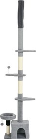 Arranhador para gatos do chão ao teto, torre para gatos com altura ajustável entre 225 e 255 cm e vários níveis, revestimento em pelúcia, cinzenta