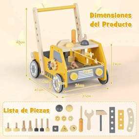 Andador de empurrar em madeira 2 em 1 para bebés e crianças com velocidade ajustável e armazenamento Brinquedos Montessori Amarelo