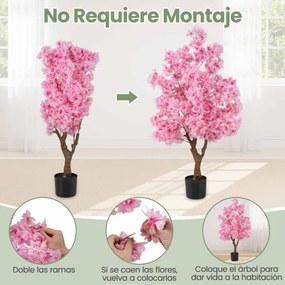Árvore artificial de cerejeira de 118 cm em vaso preenchido com cimento, 96 flores, tronco com veios realistas, planta decorativa rosa