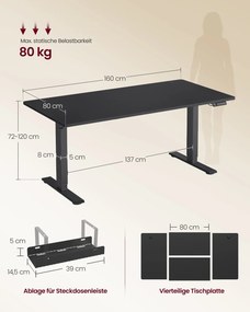 Secretária elétrica com altura ajustável 160 x 80 x (72-120) cm, porta USB e função de memória Preta