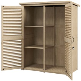 Armário de Jardim de Madeira 0,83 m² 127x65x168 cm com 2 Portas de Persiana 2 Prateleiras 2 Alças e Telhado Impermeável Natural