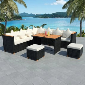 vidaXL 7 pcs conjunto lounge de jardim c/ almofadões vime PE preto