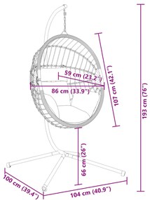 Cadeira em forma de ovo suspensa c/ suporte vime/aço cinzento