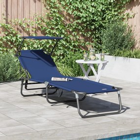 Espreguiçadeira Dobrável com Toldo Azul de Tecido Oxford 600D