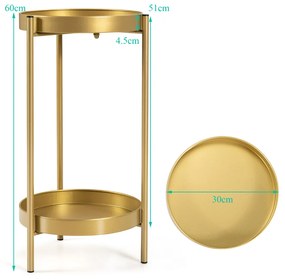 Suporte de planta de metal com suporte de planta moderno de 2 camadas com 2 bandejas dobráveis ​​para interior e exterior 30 x 60 cm dourado