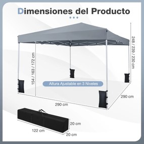 Tenda dobrável instantânea de 3x3 m com 4 pesos areia, saco de transporte, proteção solar e Estrutura de aço para jardim, festas, eventos, Cinzenta