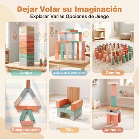Jogo de Torre de Blocos de Madeira, 15 x 15 x 53 cm, 54 Peças, Multicolor