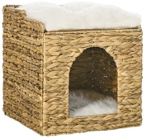 Pawhut Casinha para Gatos 2 Níveis com 2 Almofadas em Junco de Água 37,5x37,5x41,5 cm Marrom Creme | Aosom Portugal