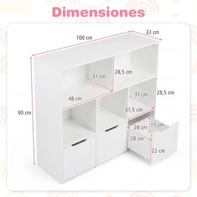 Estante infantil para brinquedos 100 x 33 x 90 cm com 5 compartimentos abertos e 3 gavetas móveis – Organizador de brinquedos com rodas para sala de j