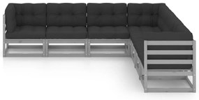 7pcs conjunto lounge de jardim c/ almofadões pinho maciço cinza